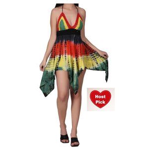 Tie-Dye Crochet Halter Dress - Multicolor Rasta Festive Dress - Backless